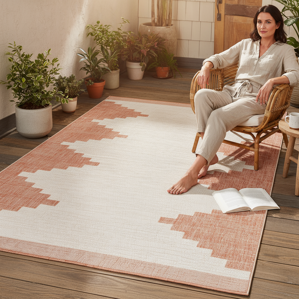 Hauteloom Djugun Peach Fuzz Aztec Geometric rug on a wooden deck with a woman in a rattan chair, book & plants.
