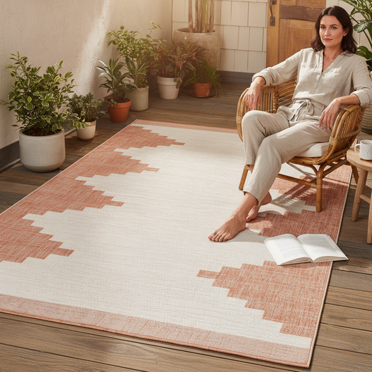 Hauteloom Djugun Peach Fuzz Aztec Geometric rug on a wooden deck with a woman in a rattan chair, book & plants.