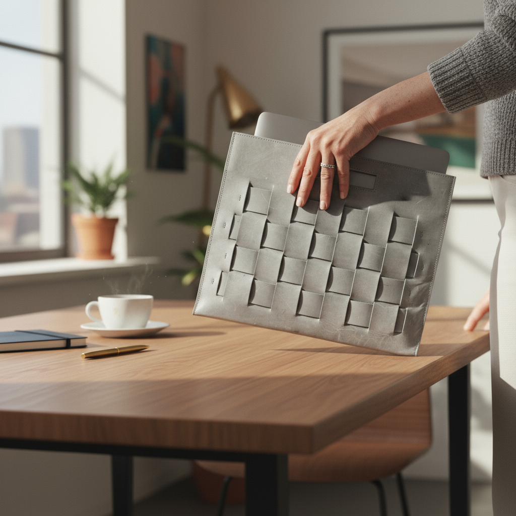 Glacial Gray artisan woven laptop clutch bag held by a professional woman, MacBook Air peeking out, on a Scandinavian desk.