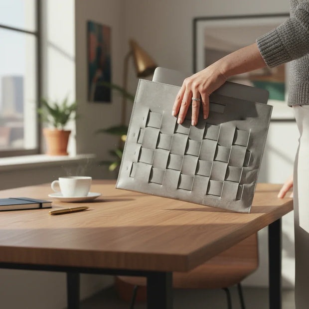 Glacial Gray artisan woven laptop clutch bag held by a professional woman, MacBook Air peeking out, on a Scandinavian desk.