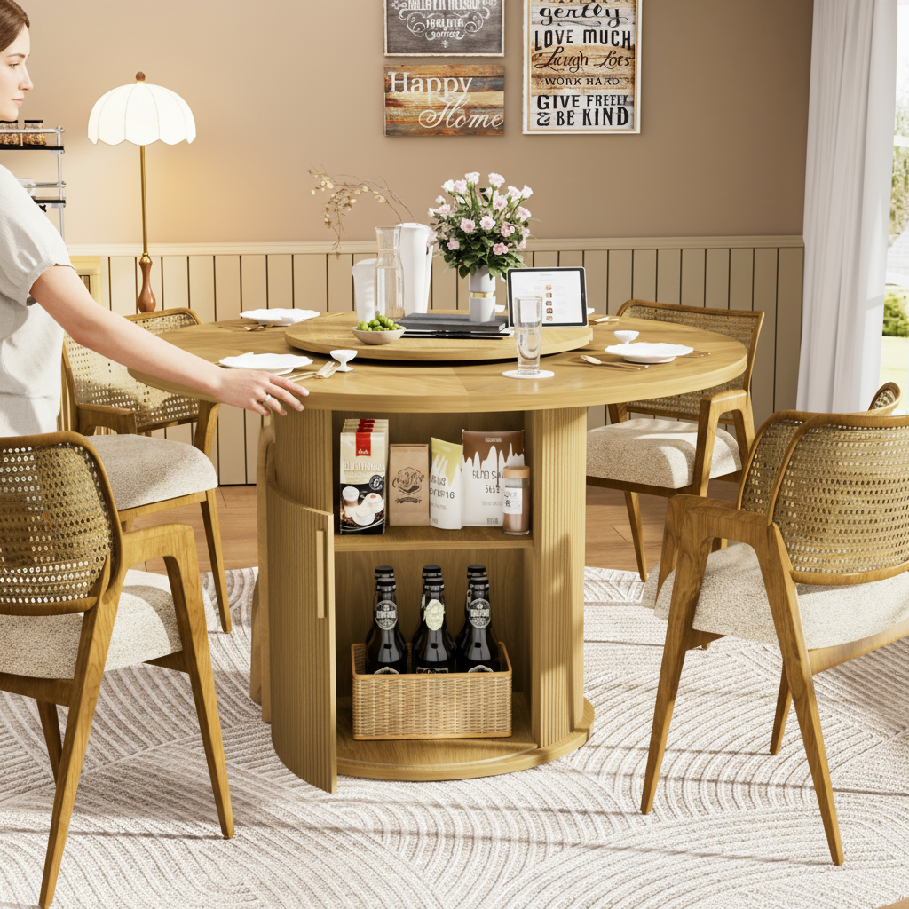 Fluent Trends 55" round natural wood dining table with open storage and rotating tray, set for dinner.