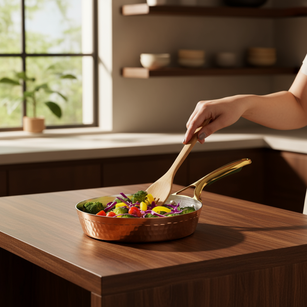 Copper frying pan with brass handle, filled with colorful vegetables, being stirred by a woman's hand in a sunlit kitchen.