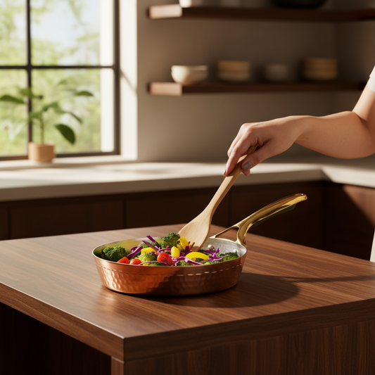 Copper frying pan with brass handle, filled with colorful vegetables, being stirred by a woman's hand in a sunlit kitchen.