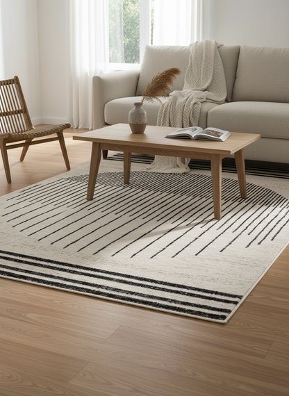 Angus Abstract Black & White Striped Area Rug in modern farmhouse living room with sofa, coffee table, and soft light.