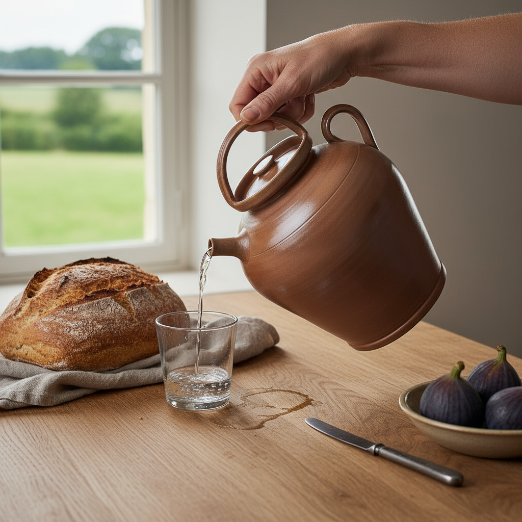 Vintage Poterie Renault pitcher pouring water into a glass on a rustic oak table with bread and figs.