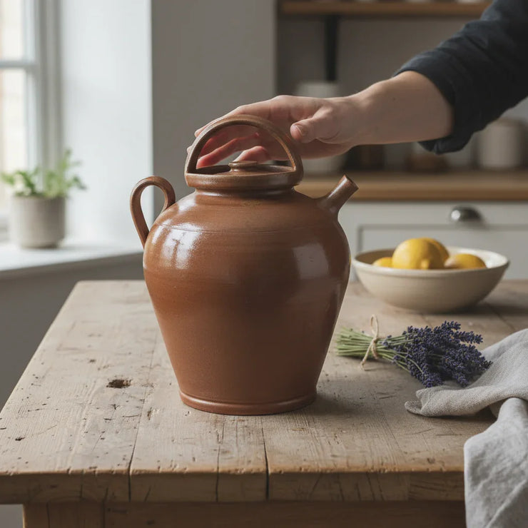 Vintage Poterie Renault Bonny sur Loire French Ceramic Pitcher on a wooden table, hand touching it, lavender nearby.