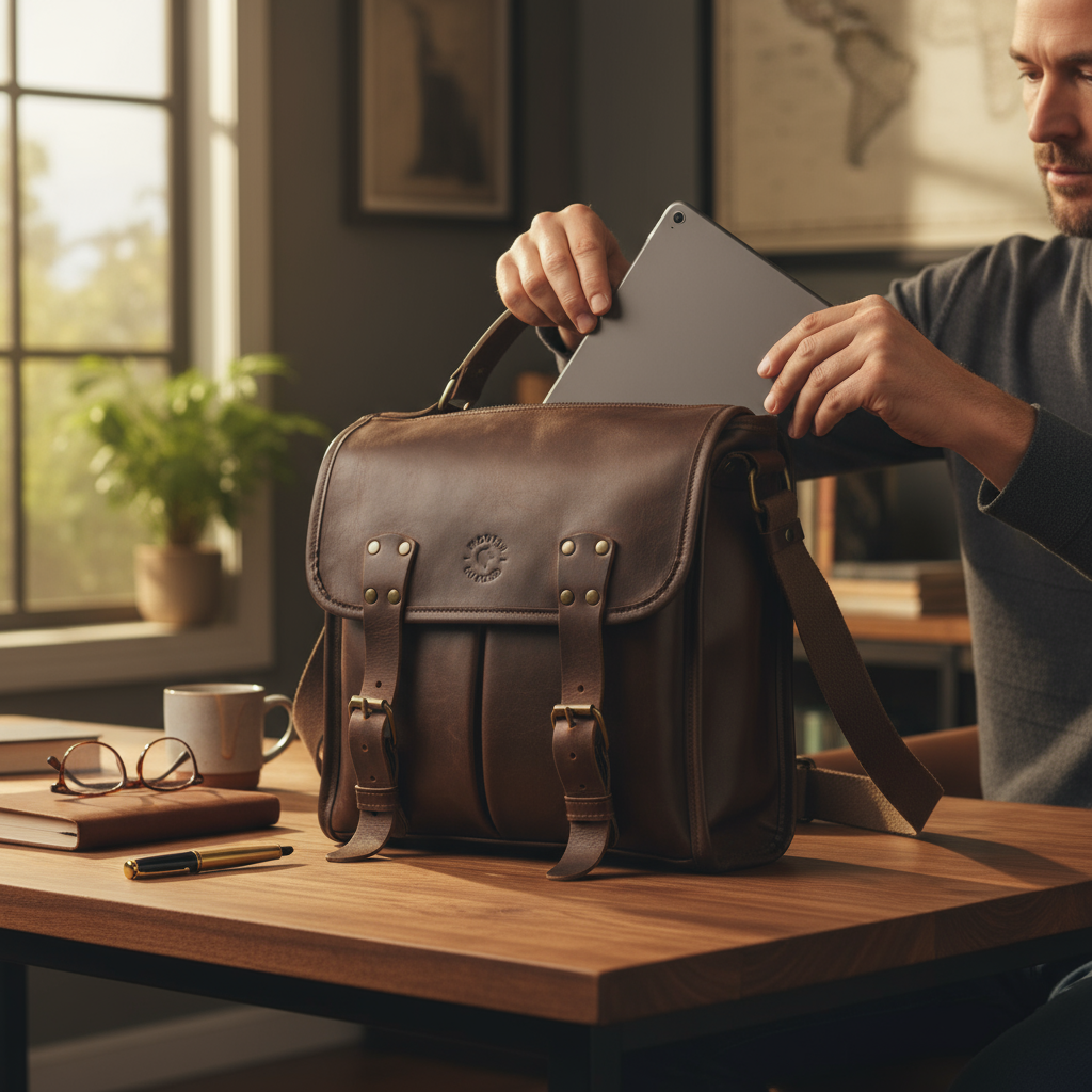 Man at desk retrieving tablet from "Timeless Brown Bovine Leather Satchel Bag."