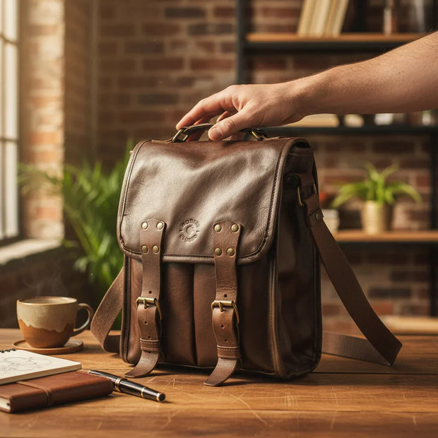 Timeless Brown Bovine Leather Satchel Bag on desk with creative executive's hand, coffee, notebook, pen, & office backdrop.