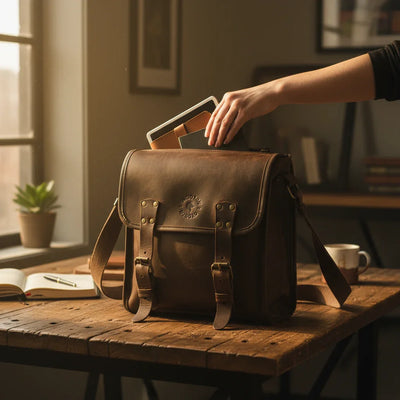 Timeless Brown Bovine Leather Satchel Bag (medium), with a woman's hand reaching inside, on a rustic workbench.