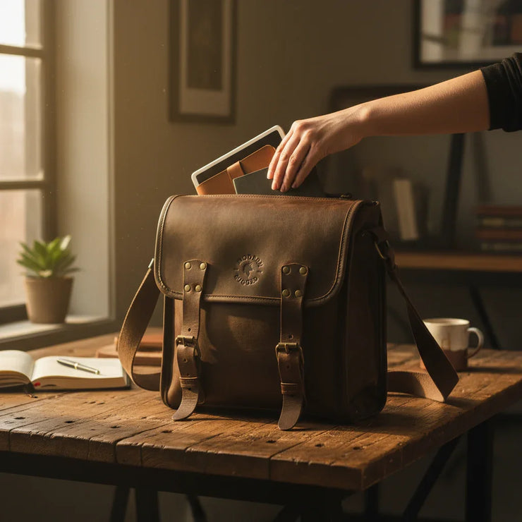 Timeless Brown Bovine Leather Satchel Bag (medium), with a woman's hand reaching inside, on a rustic workbench.