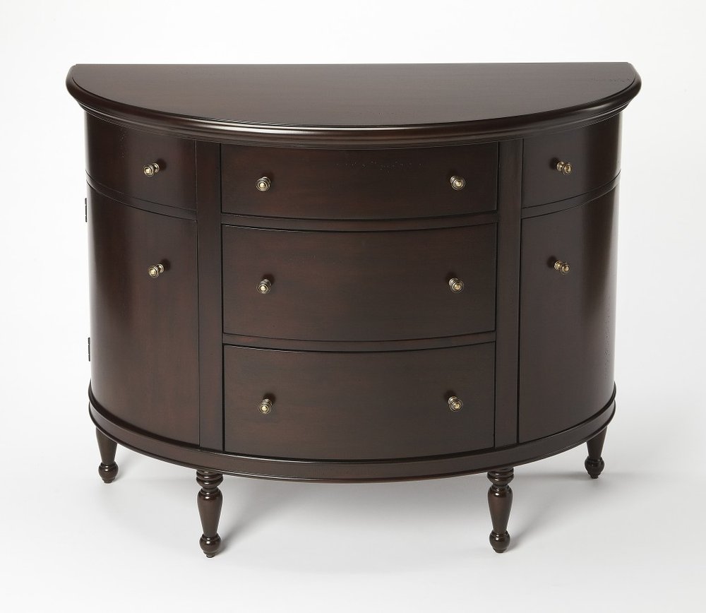 A front view of the Mahogany Demilune Console Chest in dark brown solid wood against a white background, highlighting its traditional semi-circular design.