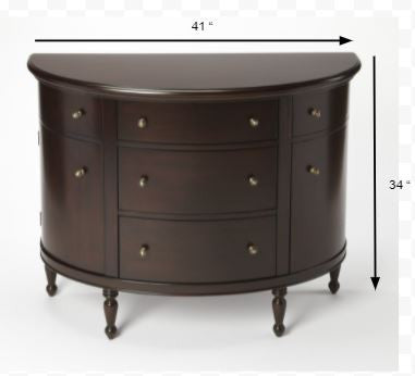 A dimensional image of the Mahogany Demilune Console Chest showing the 41-inch width and 34-inch height for entryway placement.