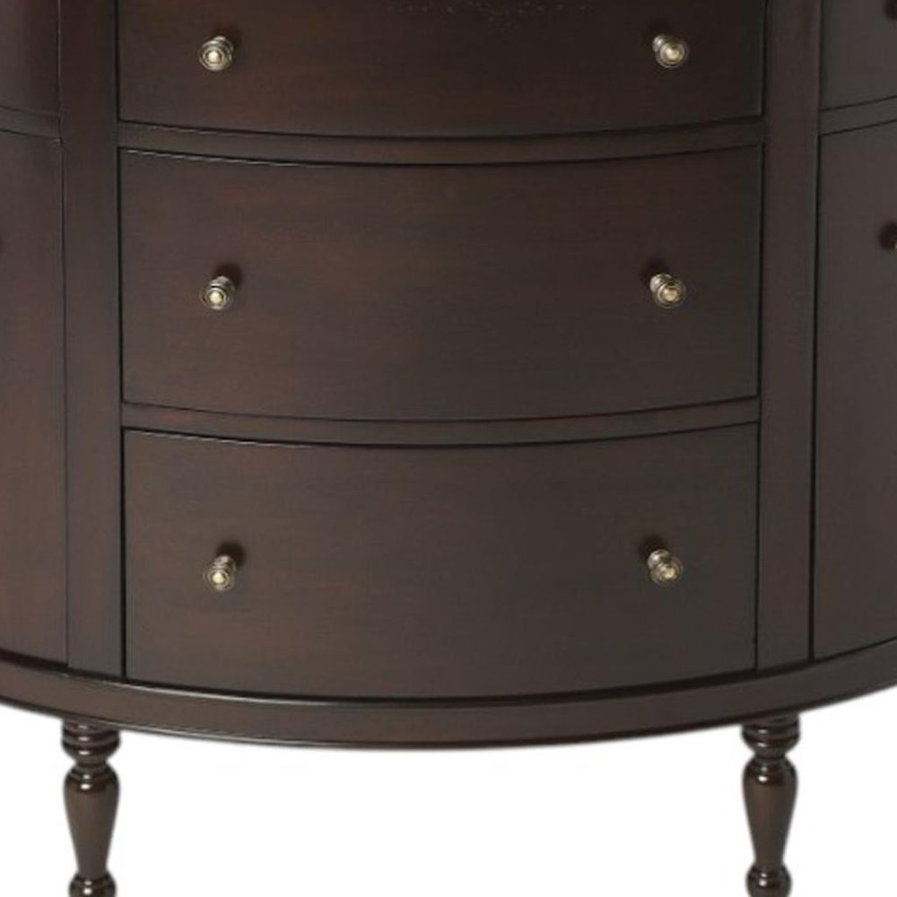 A detailed close-up of the Mahogany Demilune Console Chest showing the smooth dark brown finish and the antique-style metallic drawer knobs.