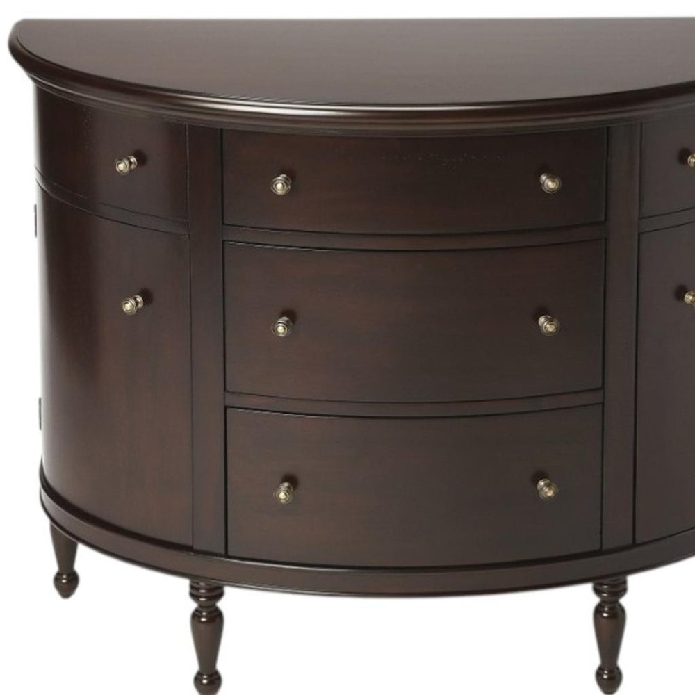 A detailed front-facing view of the Mahogany Demilune Console Chest highlighting the five-drawer configuration and elegant traditional wood finish.