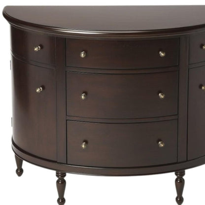 A detailed front-facing view of the Mahogany Demilune Console Chest highlighting the five-drawer configuration and elegant traditional wood finish.