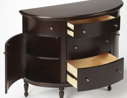 The Mahogany Demilune Console Chest with drawers and side cabinet door open to reveal spacious internal shelving and light wood drawer interiors.