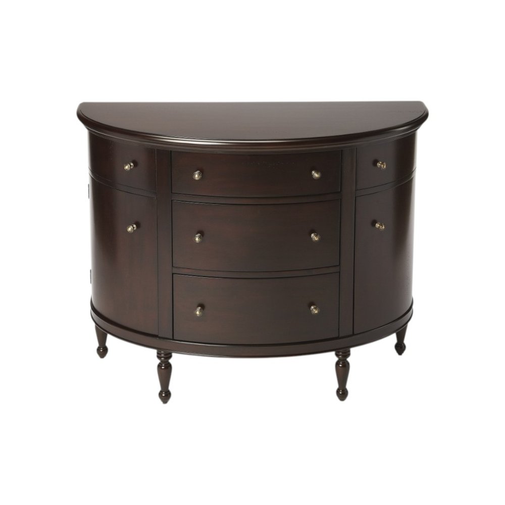 A wide-angle view of the Mahogany Demilune Console Chest in dark brown, showcasing the elegant curved silhouette and solid wood construction.