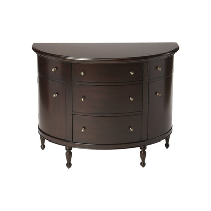A wide-angle view of the Mahogany Demilune Console Chest in dark brown, showcasing the elegant curved silhouette and solid wood construction.