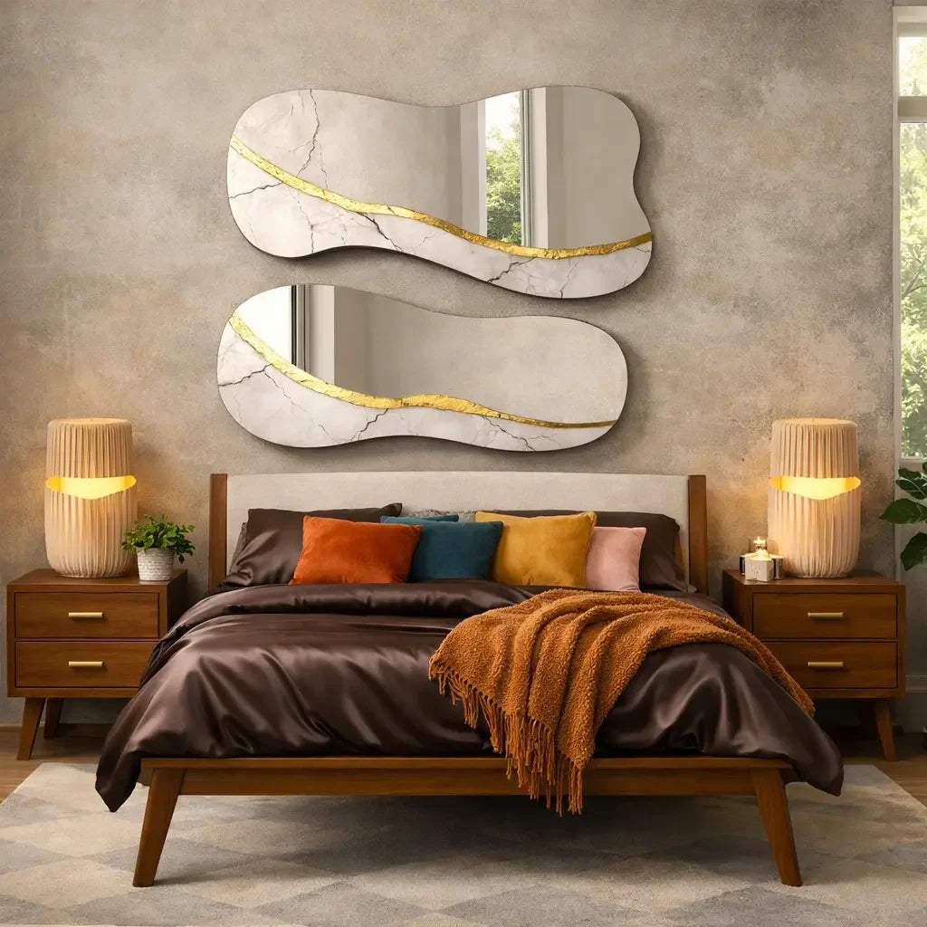 Mid-century full bed set in walnut and beige boucle styled with sculptural mirrors and woven lamps