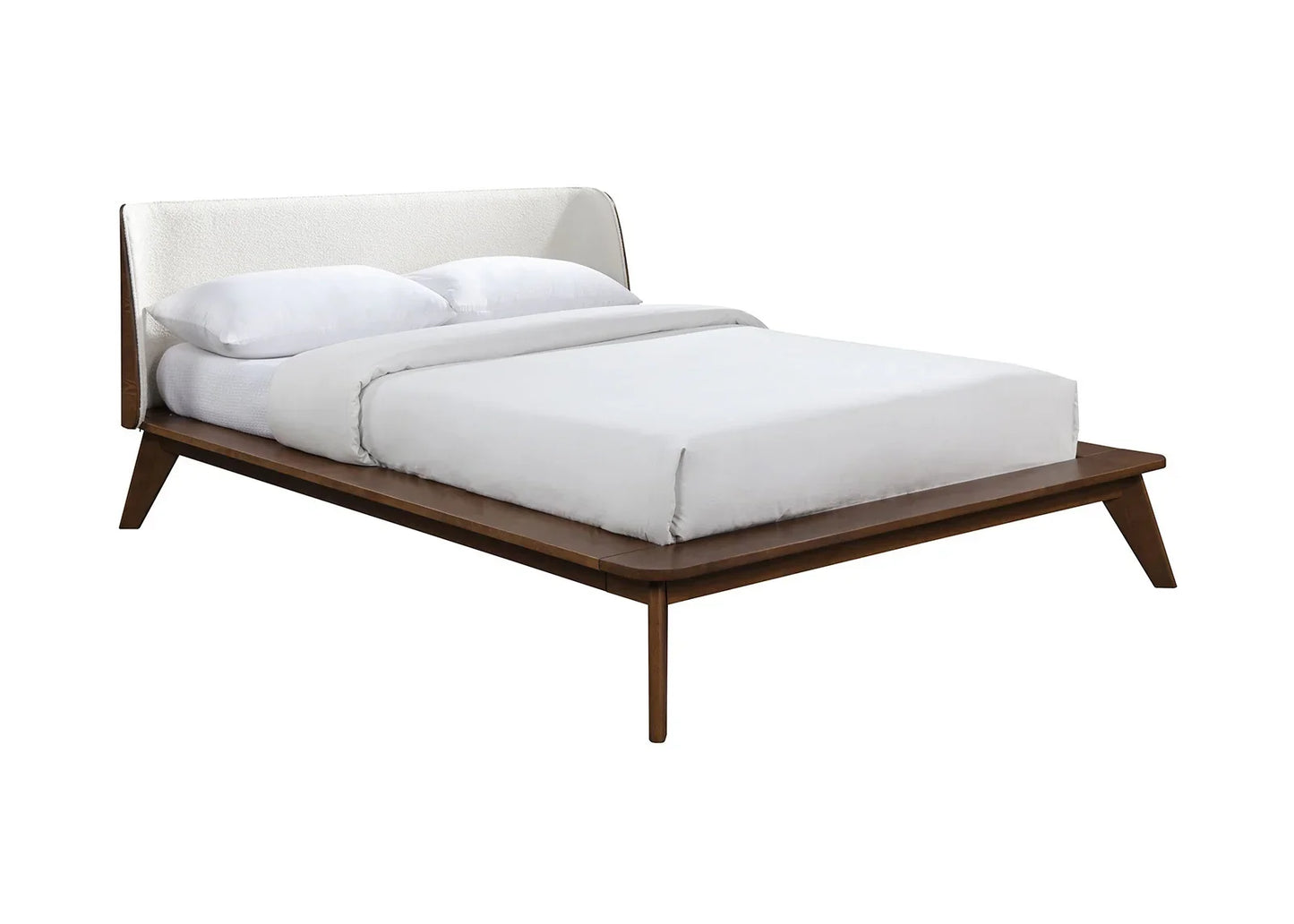 Mid-century walnut platform bed with beige boucle headboard and tapered legs on white background