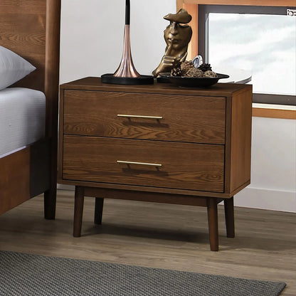Mid-century walnut nightstand with tapered legs and gold bar pulls from the full bed set