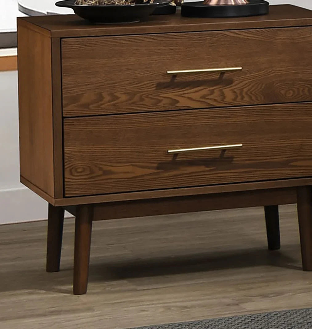 Walnut nightstand drawer detail with gold bar pull and rich wood grain from the mid-century full bed set
