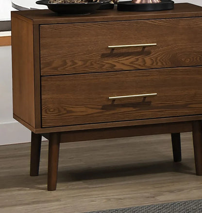 Walnut nightstand drawer detail with gold bar pull and rich wood grain from the mid-century full bed set