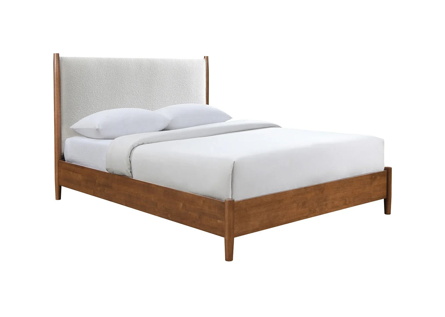 ​Mid-century modern full bed frame featuring a warm walnut wood base, tapered legs, and an elegant beige boucle upholstered panel headboard with white bedding
