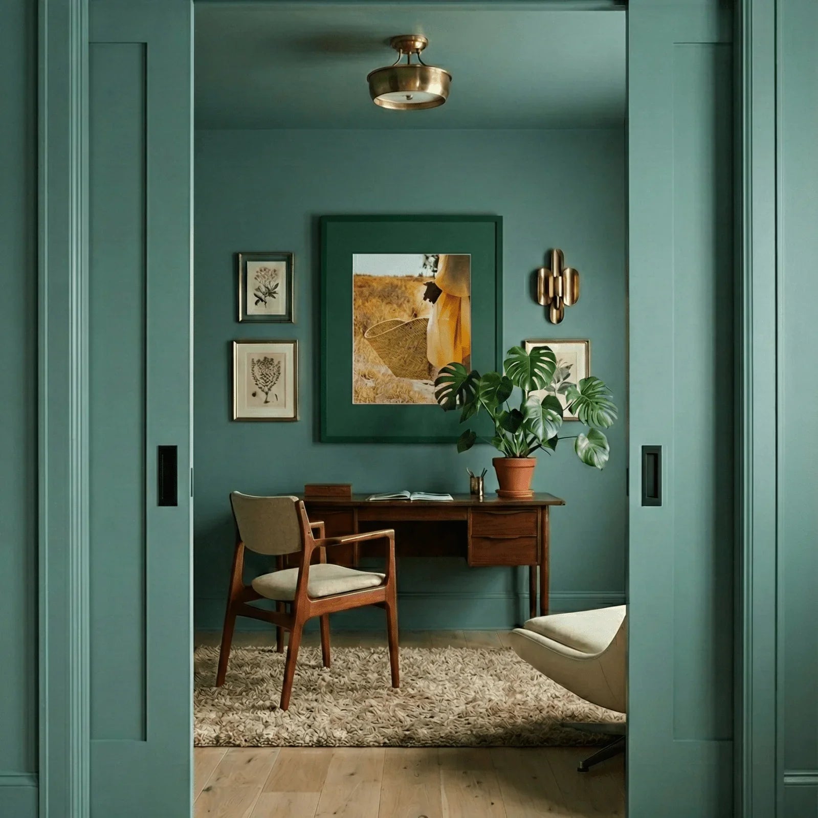 Elegant lifestyle photography featuring a framed vertical print of Carrying the Day styled as minimalist gallery artwork