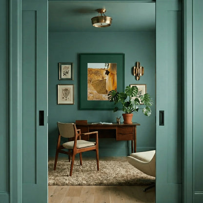 Elegant lifestyle photography featuring a framed vertical print of Carrying the Day styled as minimalist gallery artwork