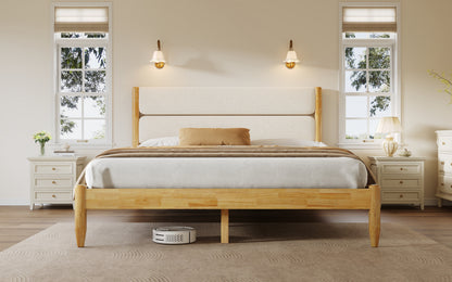 A front-facing lifestyle view of a Queen Platform Bed featuring an Ivory Fleece Furniture upholstered headboard and a Durable Rubberwood Frame styled in a bright, modern bedroom.
