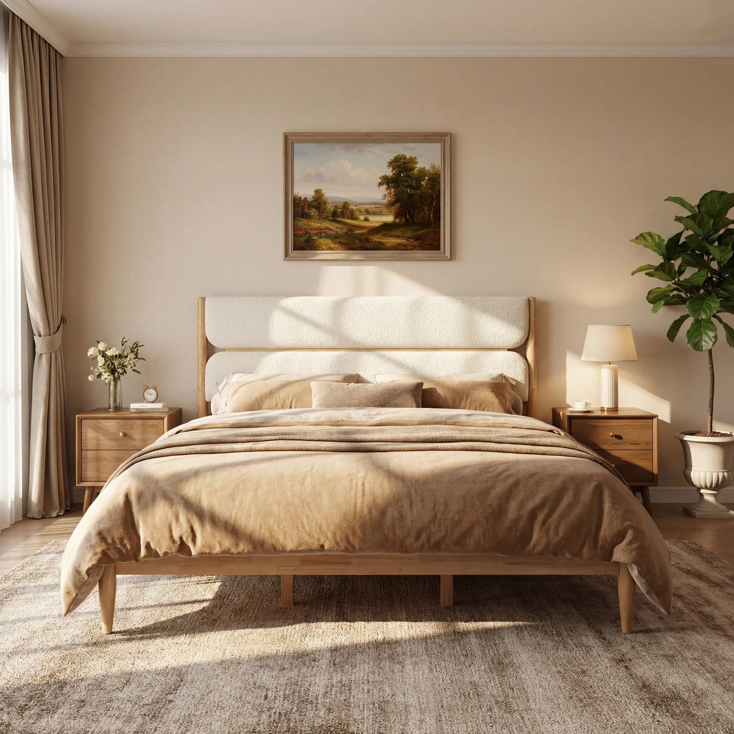 Elevated Ivory Fleece Furniture featuring a low-profile boucle upholstered bed frame with designer wood accents, flanked by matching textured nightstands in a serene, monochromatic modern bedroom.