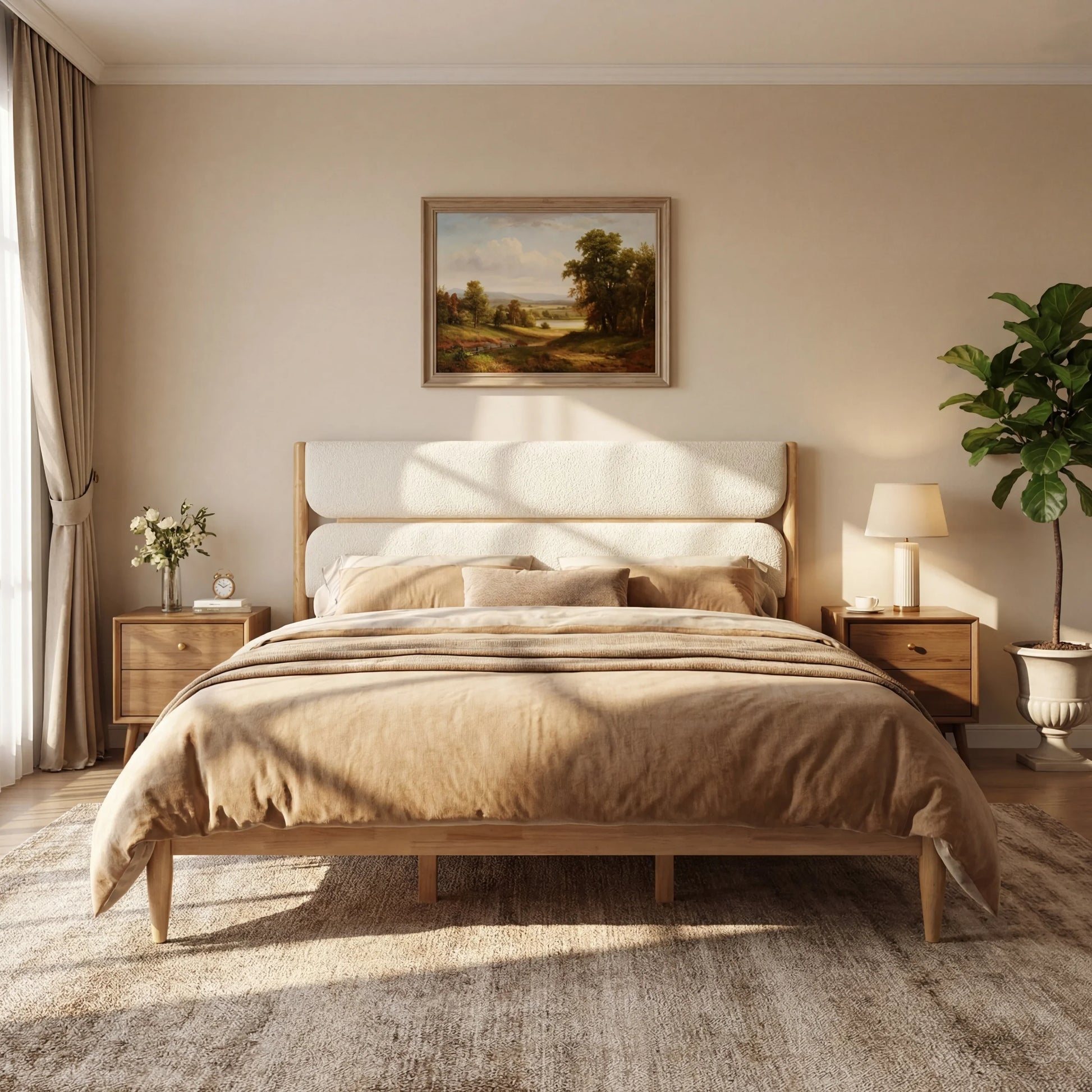 Elevated Ivory Fleece Furniture featuring a low-profile boucle upholstered bed frame with designer wood accents, flanked by matching textured nightstands in a serene, monochromatic modern bedroom.