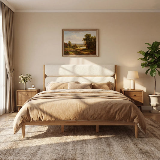 Elevated Ivory Fleece Furniture featuring a low-profile boucle upholstered bed frame with designer wood accents, flanked by matching textured nightstands in a serene, monochromatic modern bedroom.