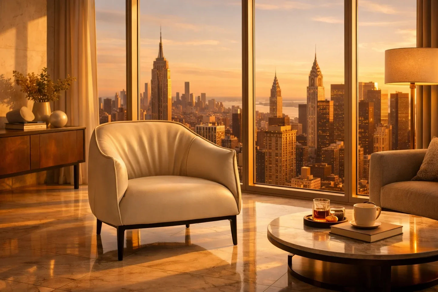 Modern light gray faux leather arm chair styled in a contemporary high-rise living area with a New York city view.