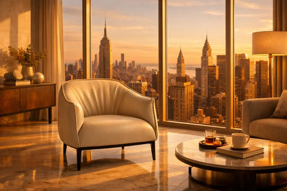 Modern light gray faux leather arm chair styled in a contemporary high-rise living area with a New York city view.