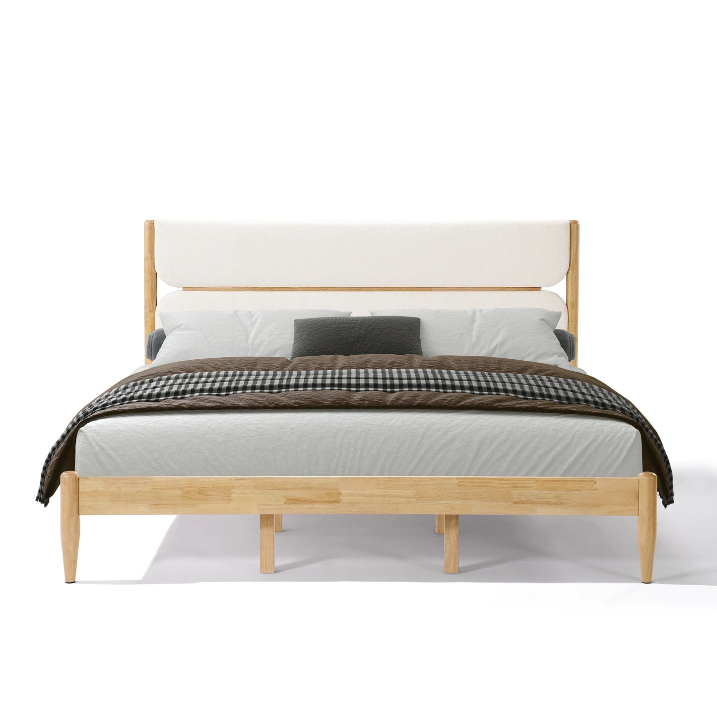 Front view of a King Platform Bed featuring a plush ivory fleece headboard and a Durable Rubberwood Frame styled with modern charcoal and neutral bedding.