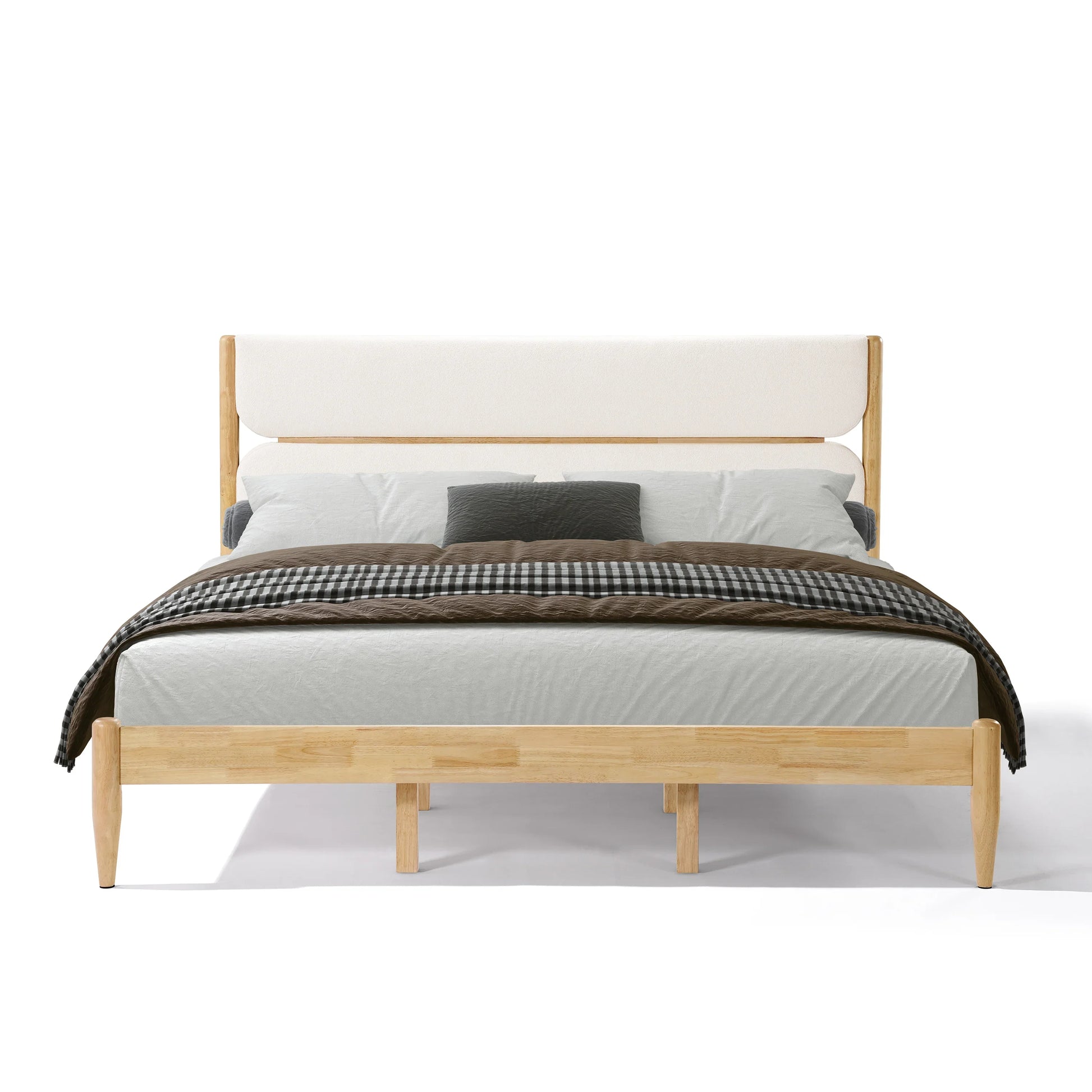 Front view of a King Platform Bed featuring a plush ivory fleece headboard and a Durable Rubberwood Frame styled with modern charcoal and neutral bedding.