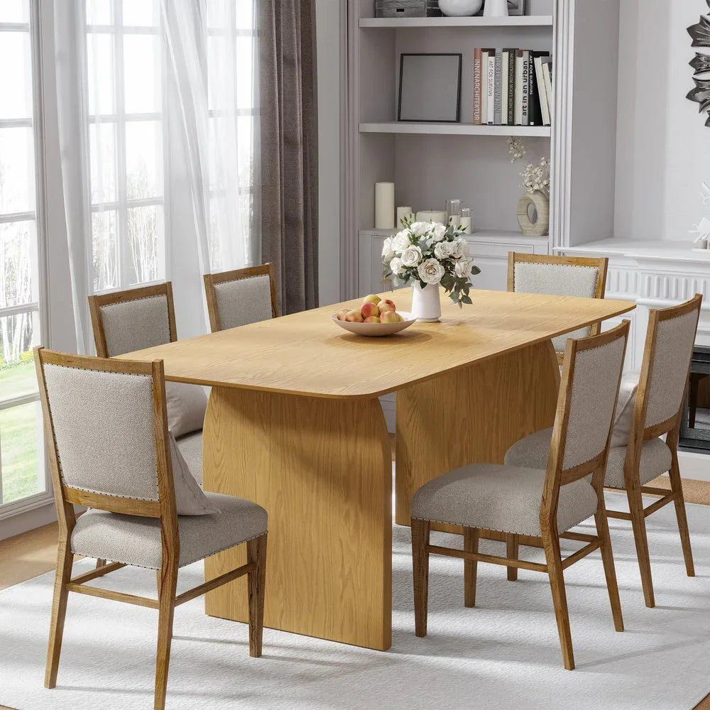 Premium sixty-six inch natural solid oak double pedestal dining table paired with six classic upholstered ladder back chairs in a traditional dining room interior layout