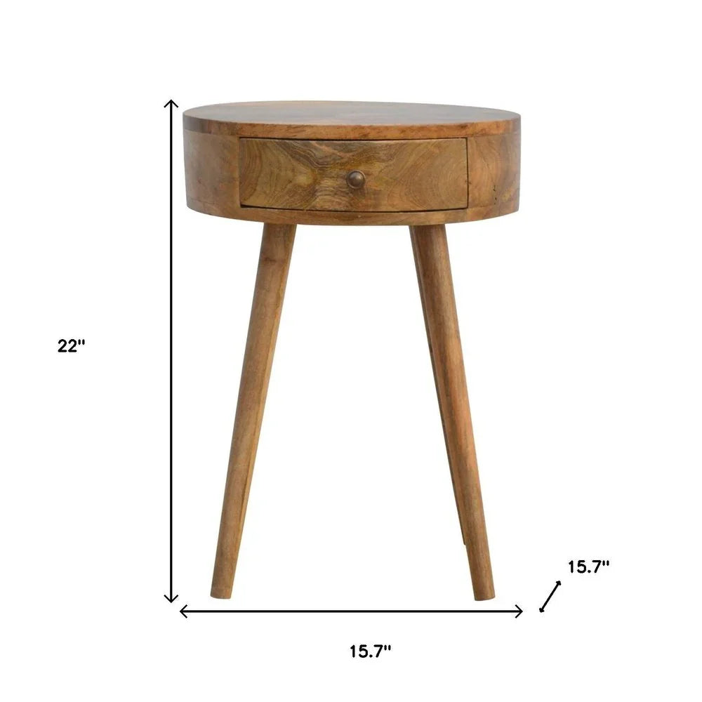 Natural solid wood round nightstand dimension diagram 22 inch height 15.7 inch width depth mango wood natural finish