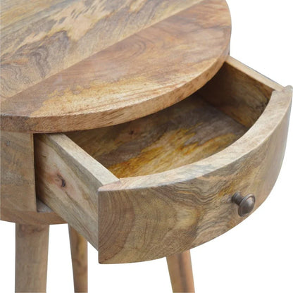 Natural solid wood round nightstand open drawer interior storage curved front mango wood natural finish