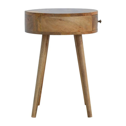 Natural solid wood round nightstand side view drawer pull detail tapered legs natural finish white background