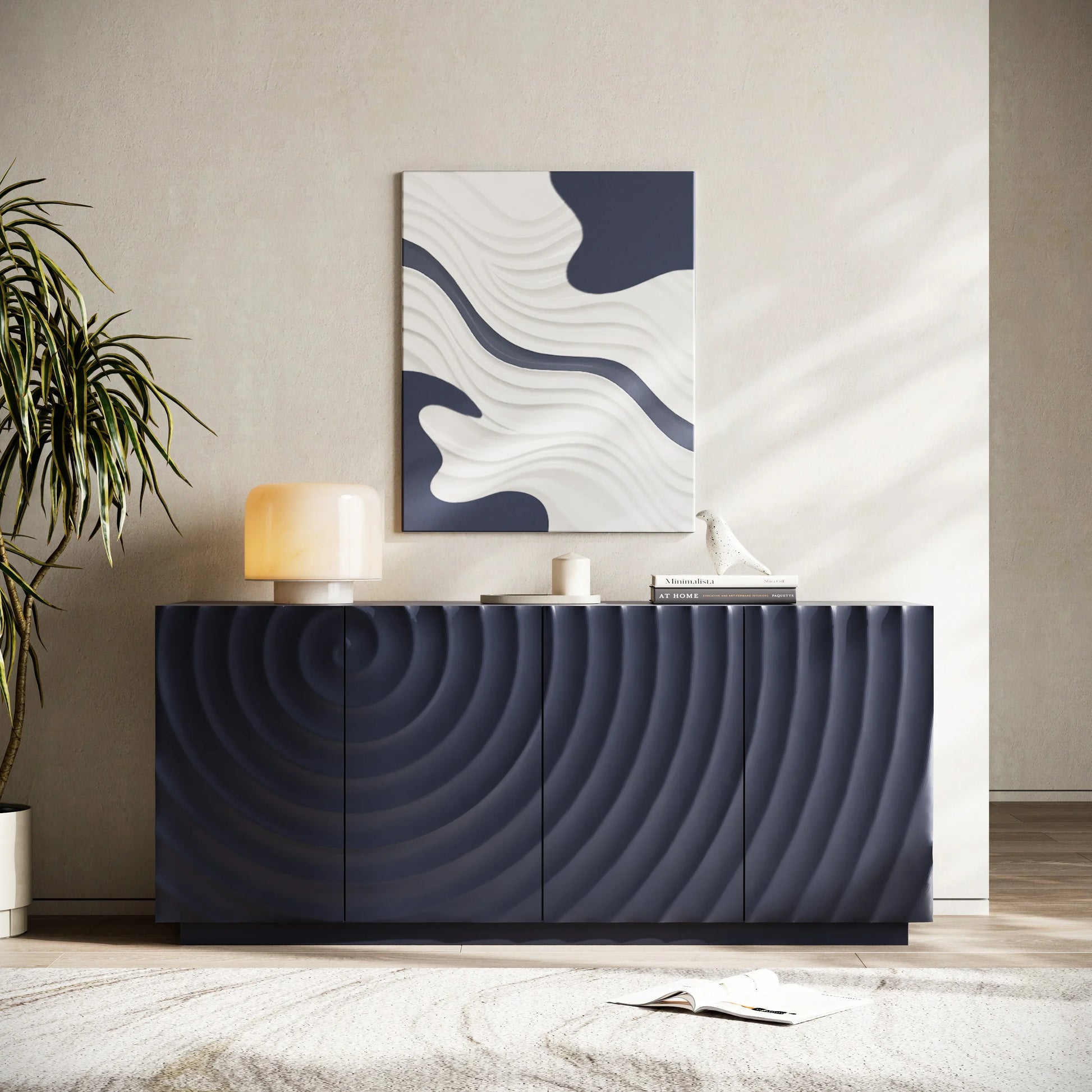 Front-facing view of the Navy Blue Buffet Cabinet highlighting the matte finish and the seamless 3D ripple pattern on the soft-close storage doors.
