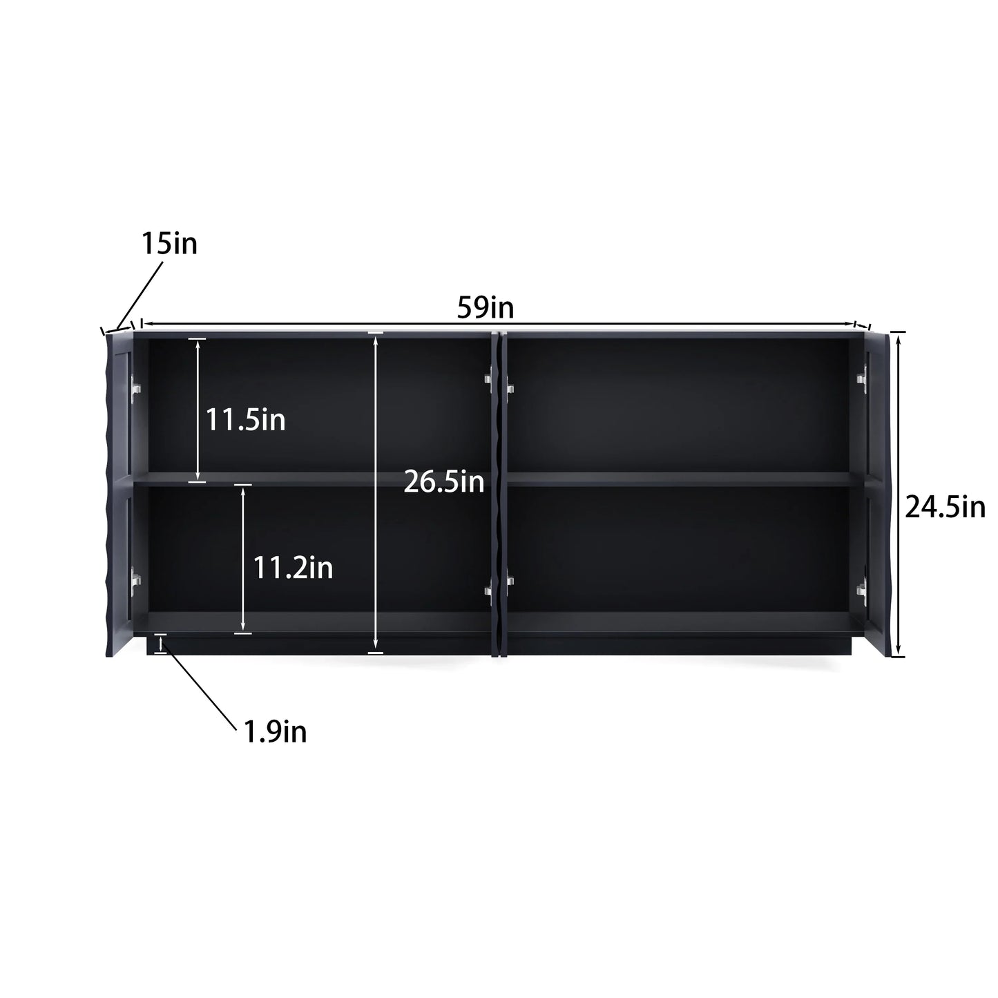 A detailed dimensional guide for the Navy Blue Buffet Cabinet, indicating the 59-inch length, 34-inch height, and specific internal shelf measurements for accurate space planning.