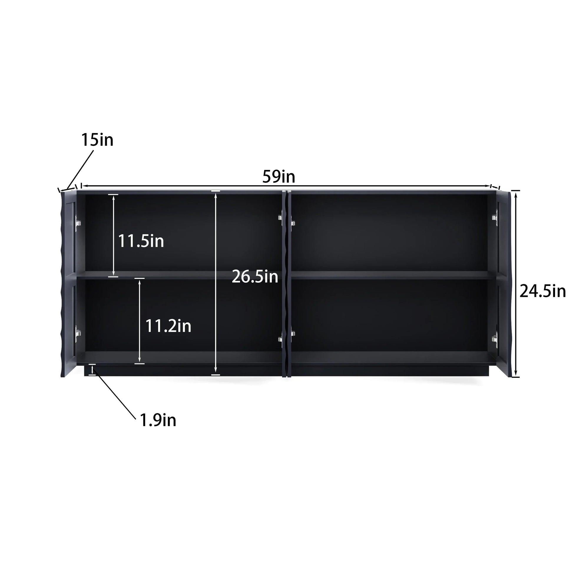A detailed dimensional guide for the Navy Blue Buffet Cabinet, indicating the 59-inch length, 34-inch height, and specific internal shelf measurements for accurate space planning.