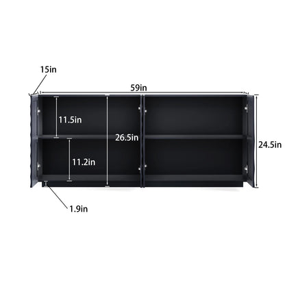 A detailed dimensional guide for the Navy Blue Buffet Cabinet, indicating the 59-inch length, 34-inch height, and specific internal shelf measurements for accurate space planning.