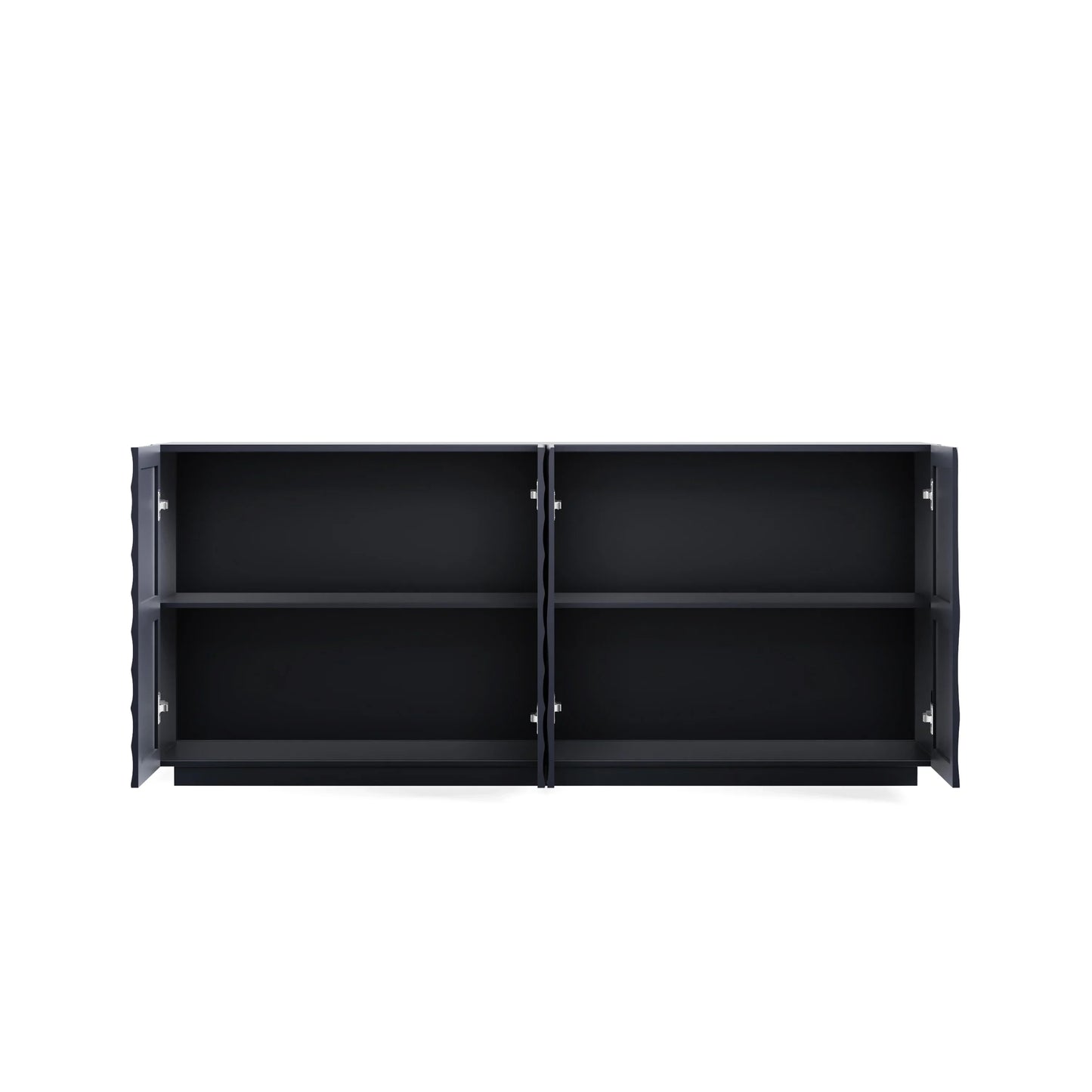 An open-door view of the Navy Blue Buffet Cabinet on a white background, showing the two large interior compartments and fixed shelving for organized storage.