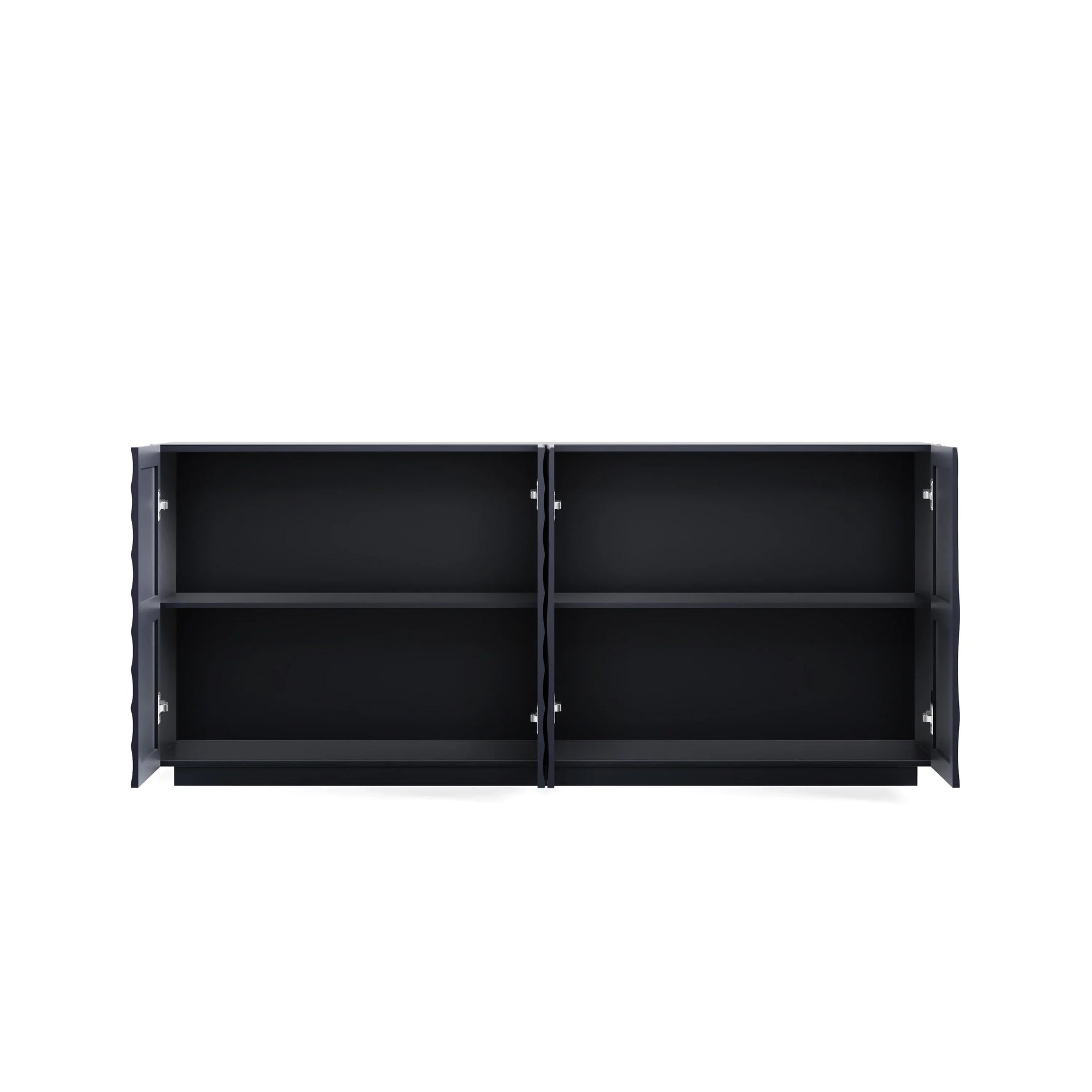 An open-door view of the Navy Blue Buffet Cabinet on a white background, showing the two large interior compartments and fixed shelving for organized storage.