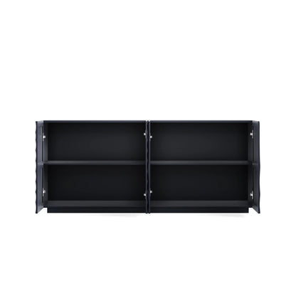 An open-door view of the Navy Blue Buffet Cabinet on a white background, showing the two large interior compartments and fixed shelving for organized storage.