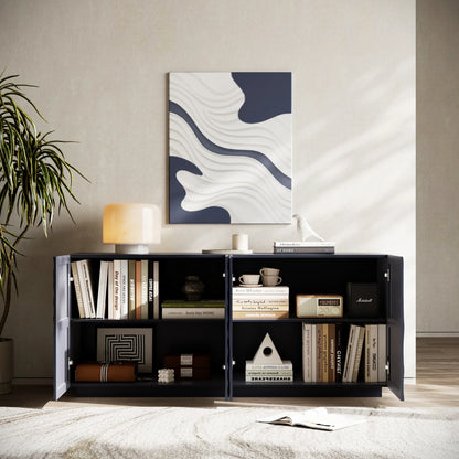 The Navy Blue Buffet Cabinet with doors open, showcasing the spacious internal shelving filled with books and decor to demonstrate high-capacity storage.
